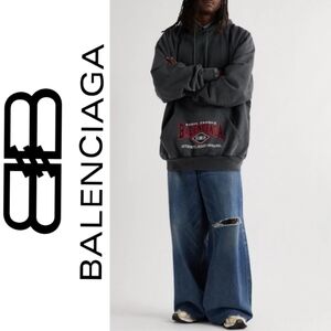 Auth! Balenciaga Logo Embroidered Cotton Hoodie, Black